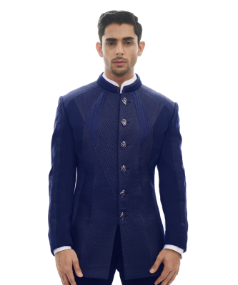 Signature navy Cut & Sew, quilted and pleated Bandhgala set