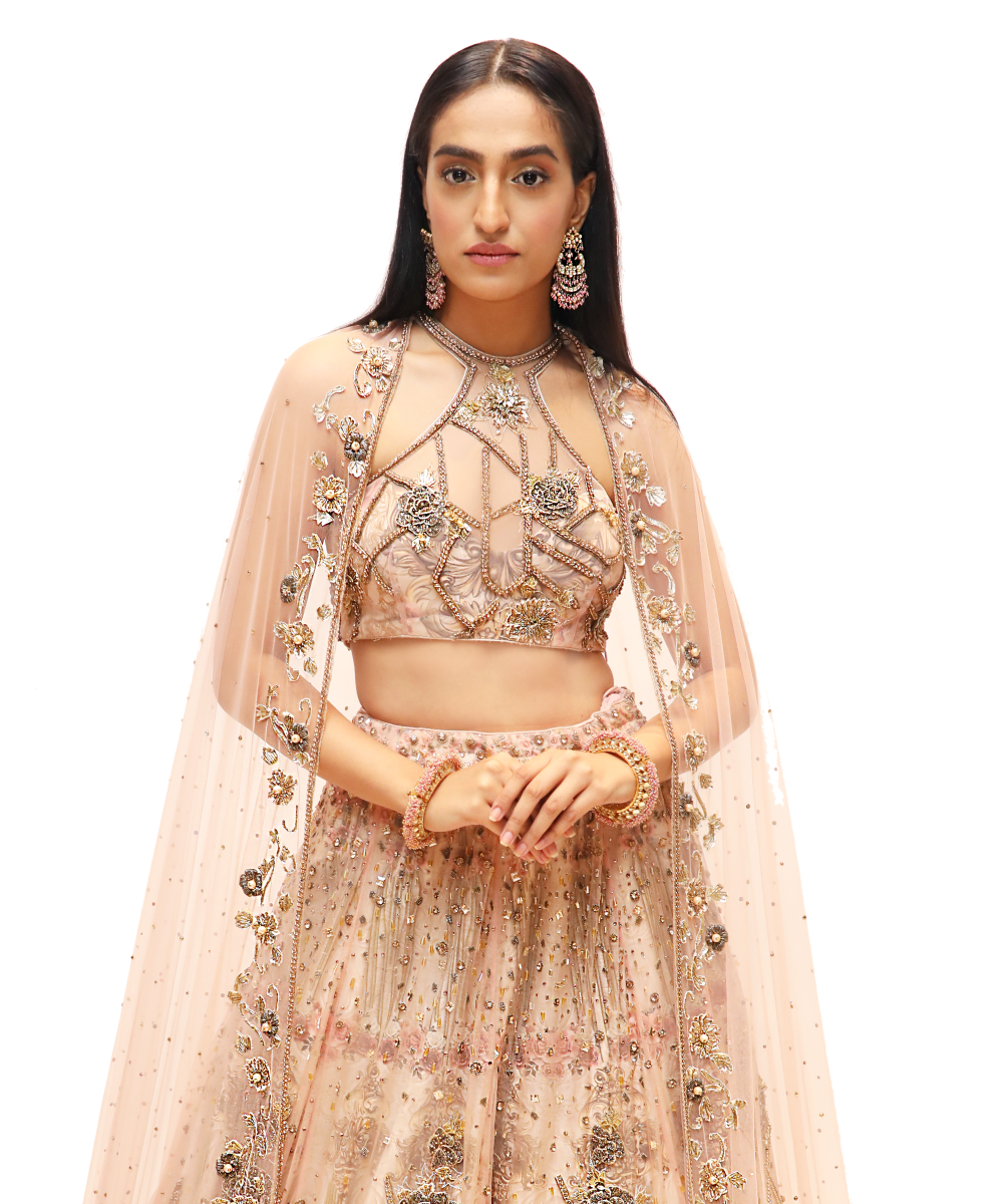 blush printed Lehenga With embroidered organza layer