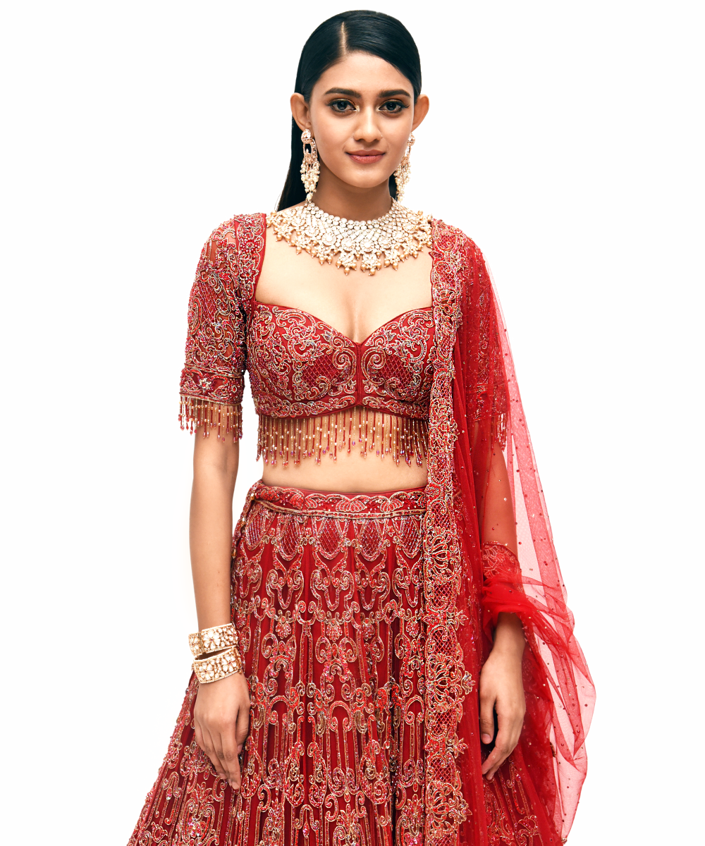 Red-Gold architecturally embroidered bridal Lehenga