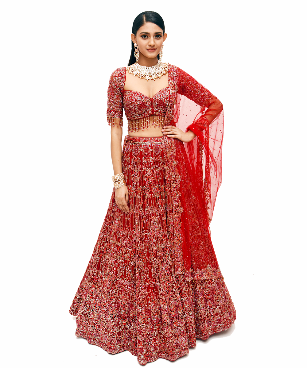 Red-Gold architecturally embroidered bridal Lehenga