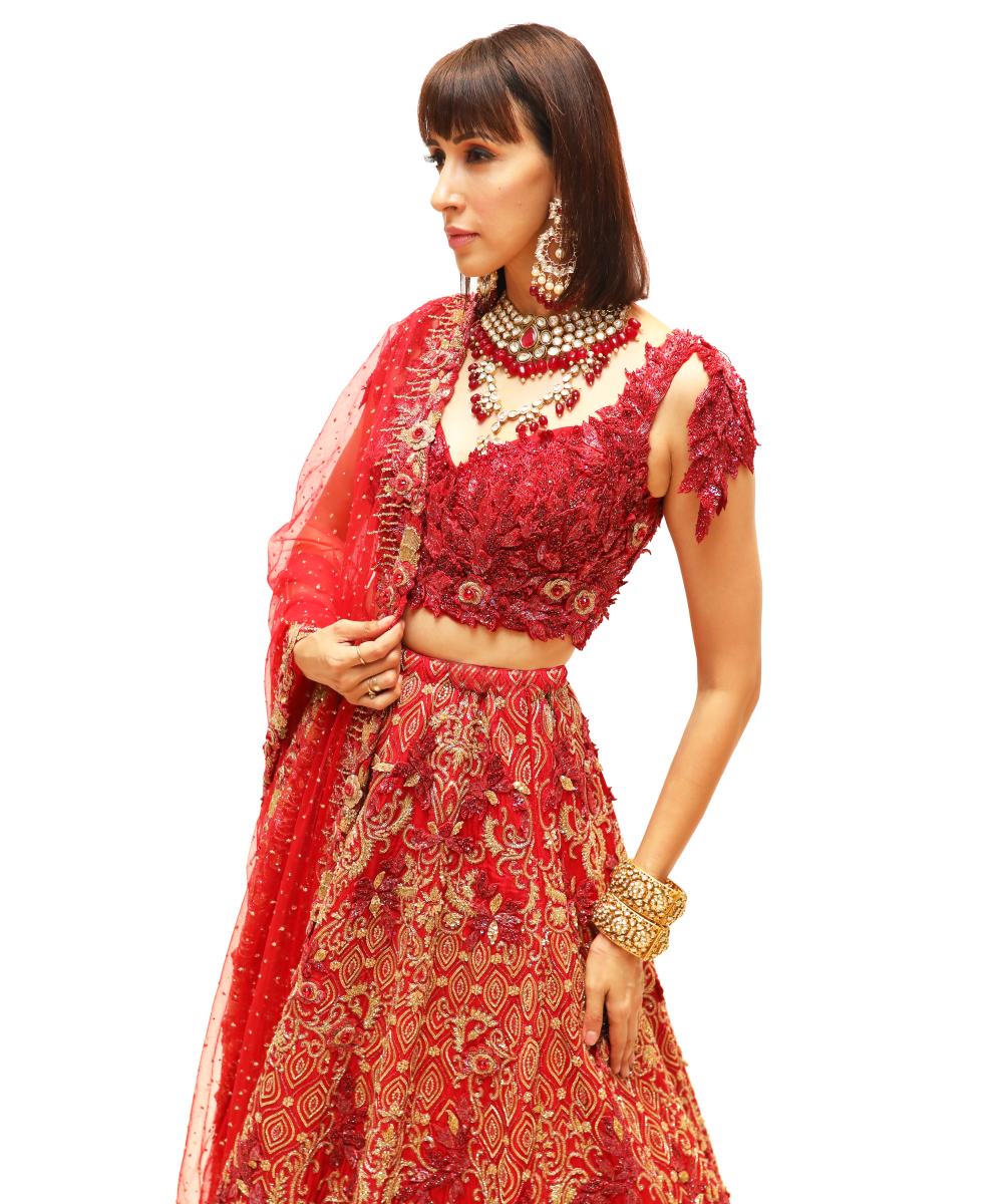 Red-Gold floral embroidered bridal lehenga