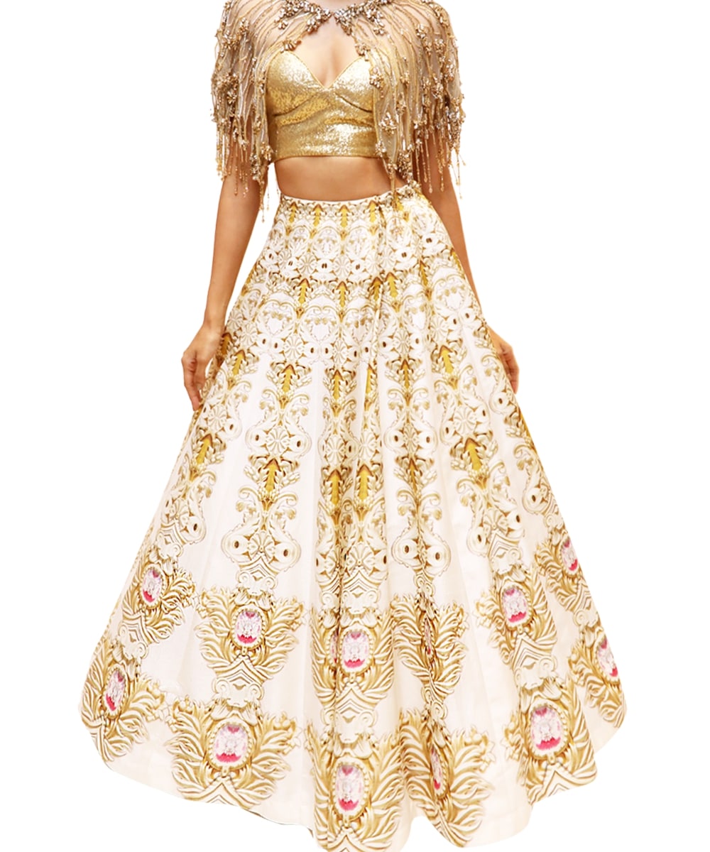 Printed ivory and gold kalli Lehenga With an Embellished Cape