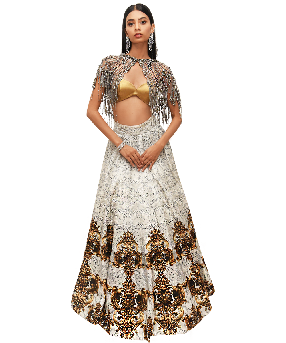 Printed grey and antique gold Lehenga With an Embellished Cape