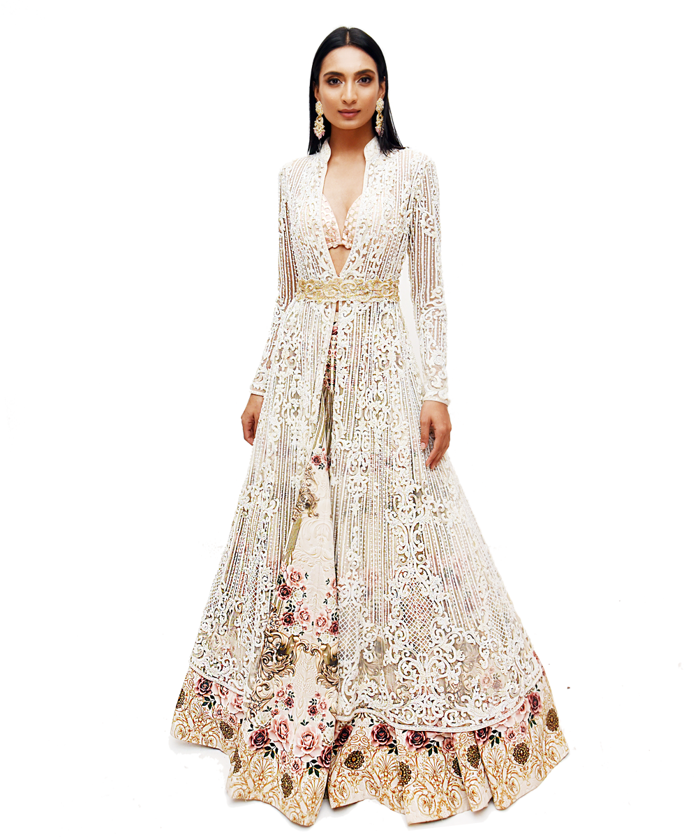 Victorian floral Printed Lehenga With ivory tulle jacket