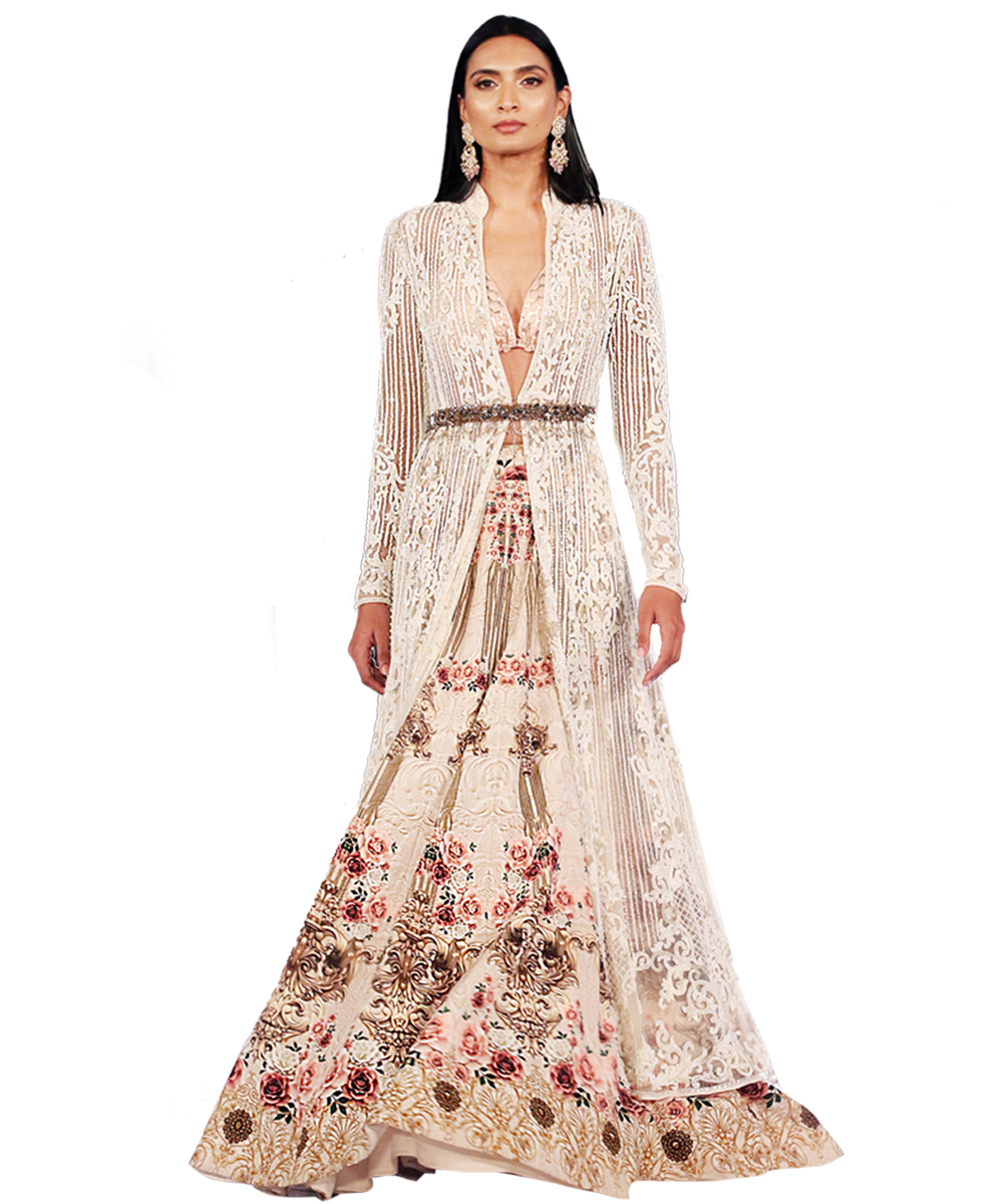 Victorian floral Printed Lehenga With ivory tulle jacket