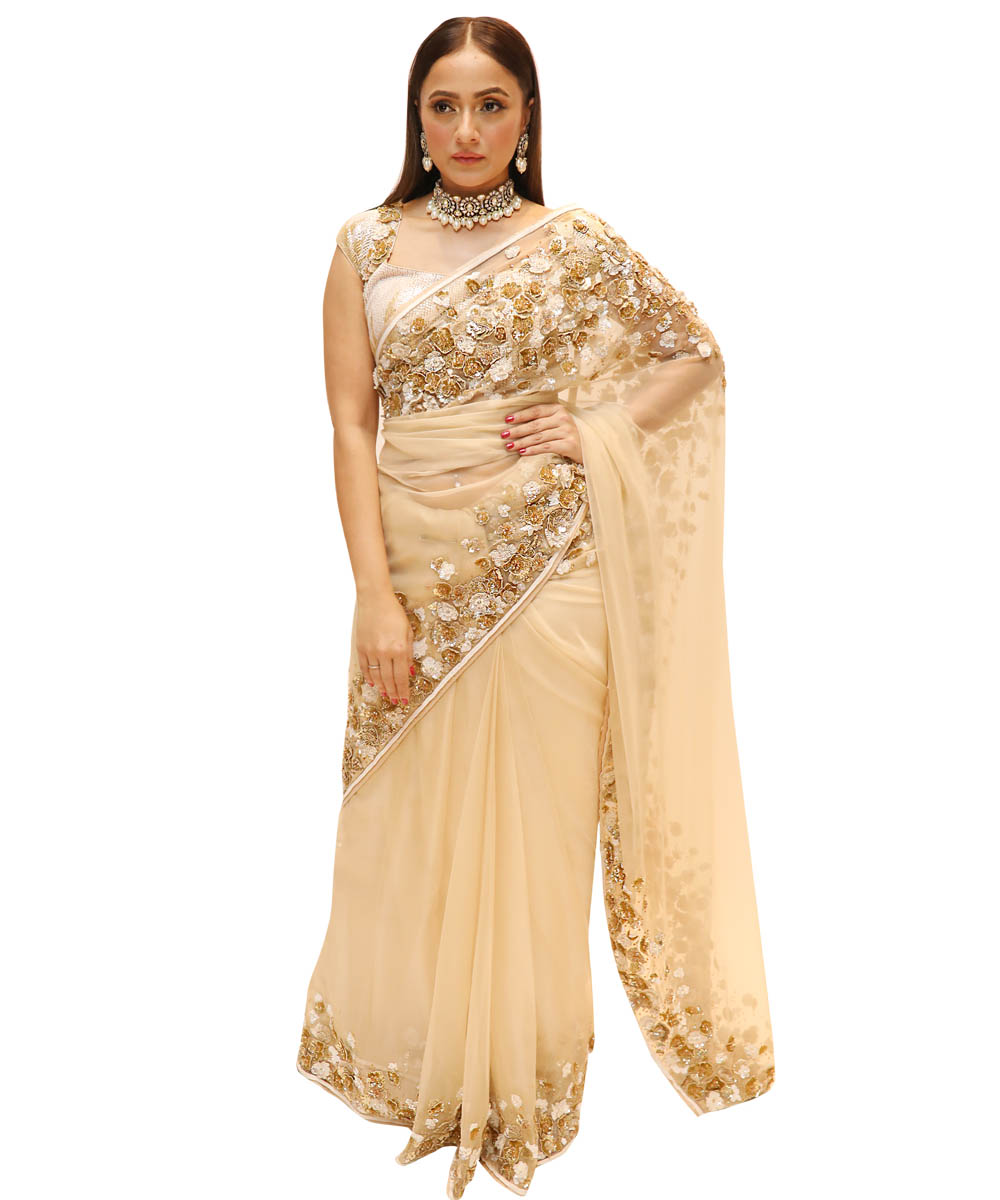 Ivory Organza Saree with gold 3D Flowers