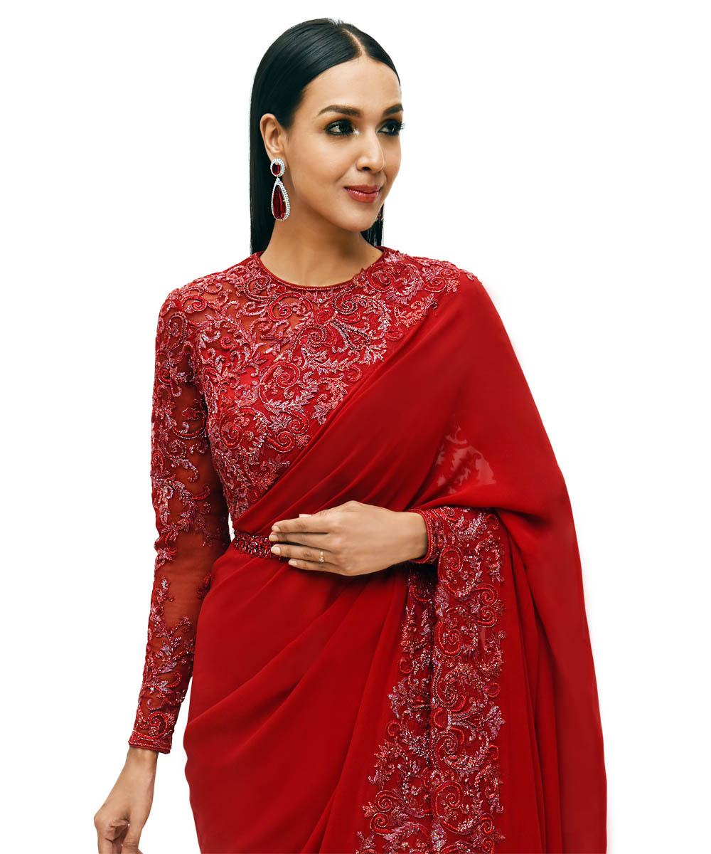 Ruby Red hand embroidered georgette Saree - Nivedita Pret & Couture
