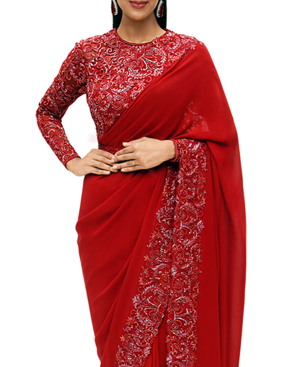 Ruby Red hand embroidered georgette Saree