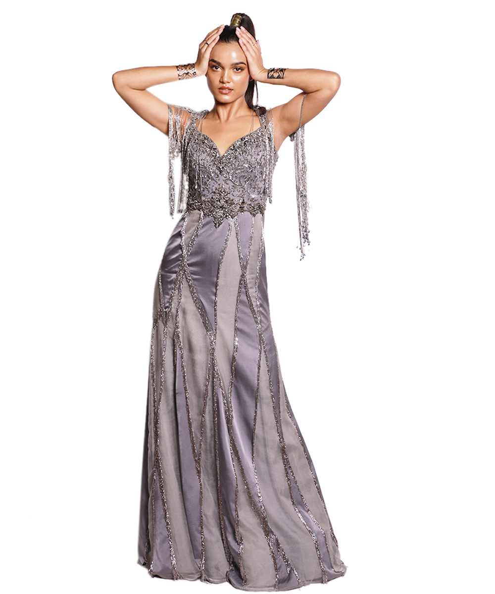 Gunmetal Cut & Sew embellished gown with fringes