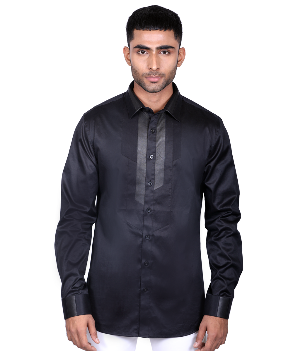 Black Cut & Sew Shirt with leather detail - Nivedita Pret & Couture