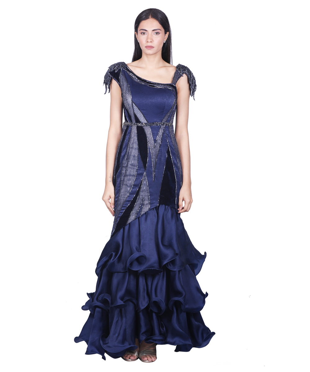 Navy Blue Cut & Sew Gown With Ruffled Hem