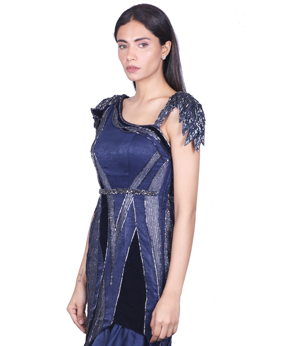 Navy Blue Cut & Sew Gown With Ruffled Hem