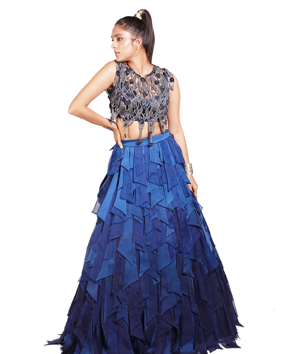 Royal Blue panelled Lehenga With cutwork Bustier
