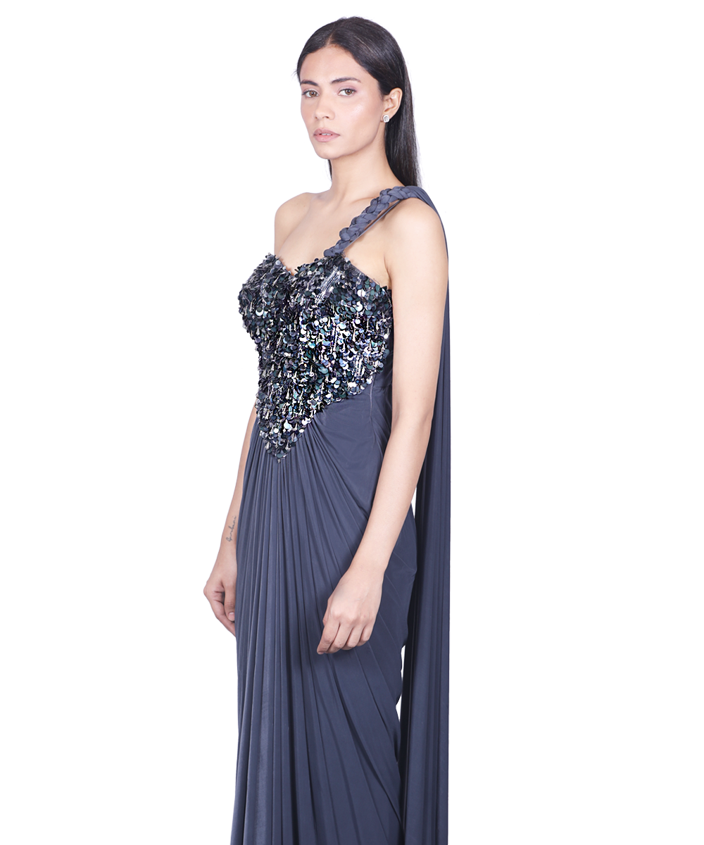 Charcoal Saree Gown With sequinned bodice