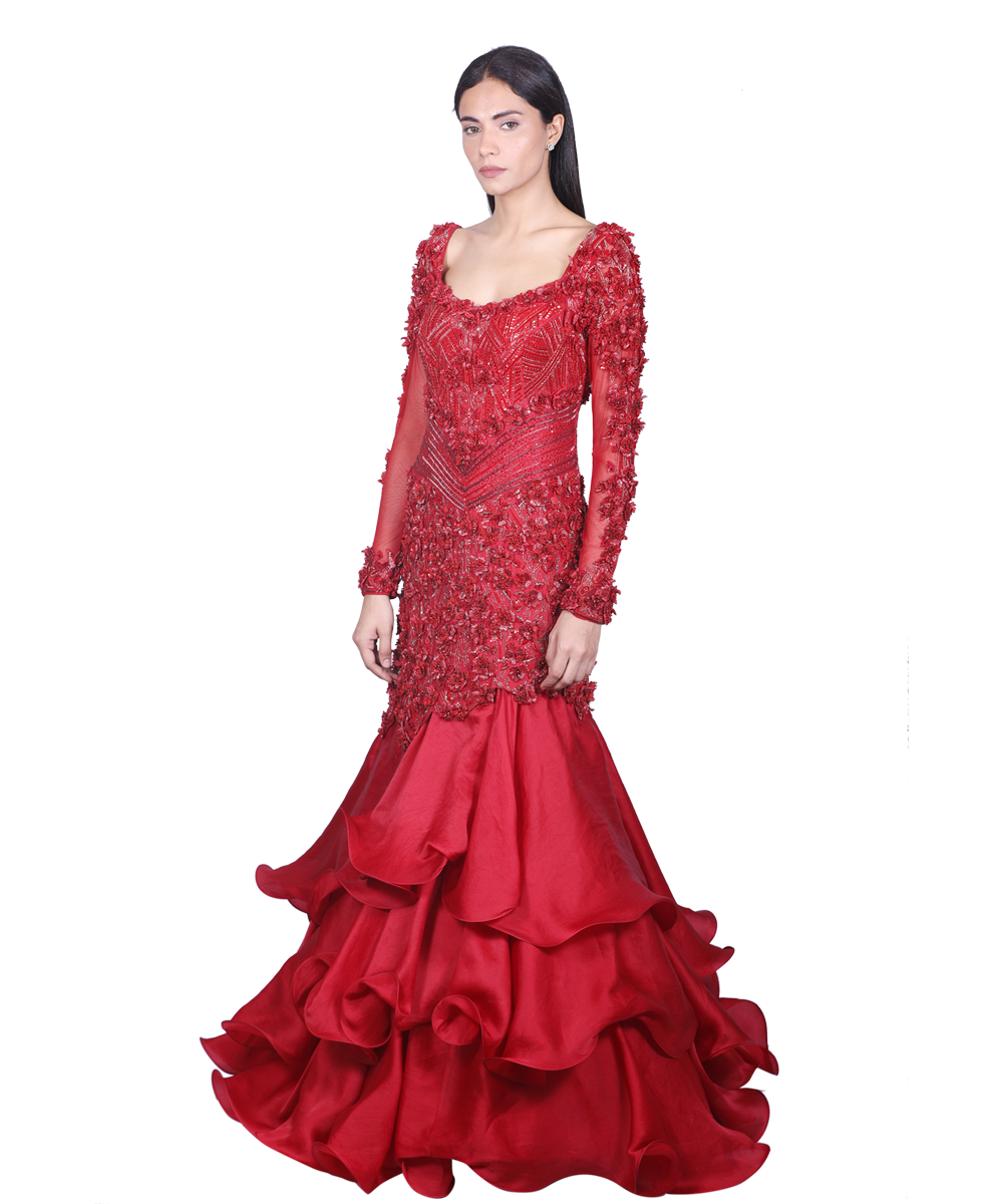 Crimson Gown With 3D Intricate Work And Ruffles
