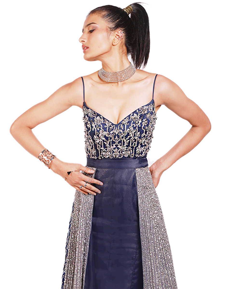 Navy Embellished Gown With A Detachable embroidered Bustle