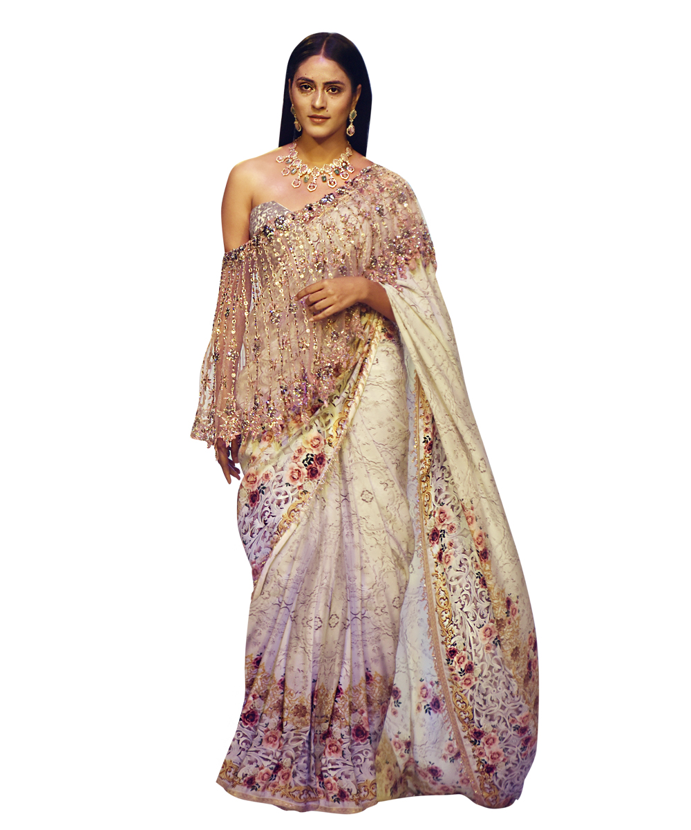 Ivory and blush digital printed victorian saree