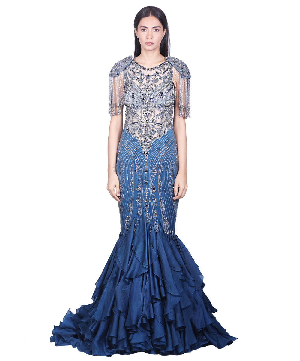 marine Blue cascaded Gown With Gunmetal Embroidery