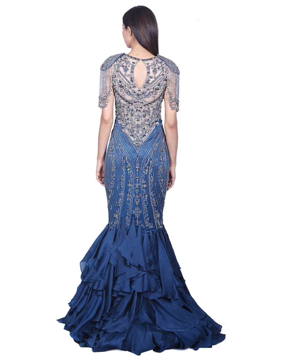 marine Blue cascaded Gown With Gunmetal Embroidery
