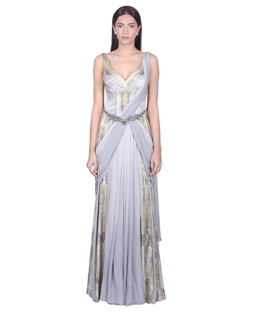 Grey-gold printed Saree Gown With Embellished tulle Cape