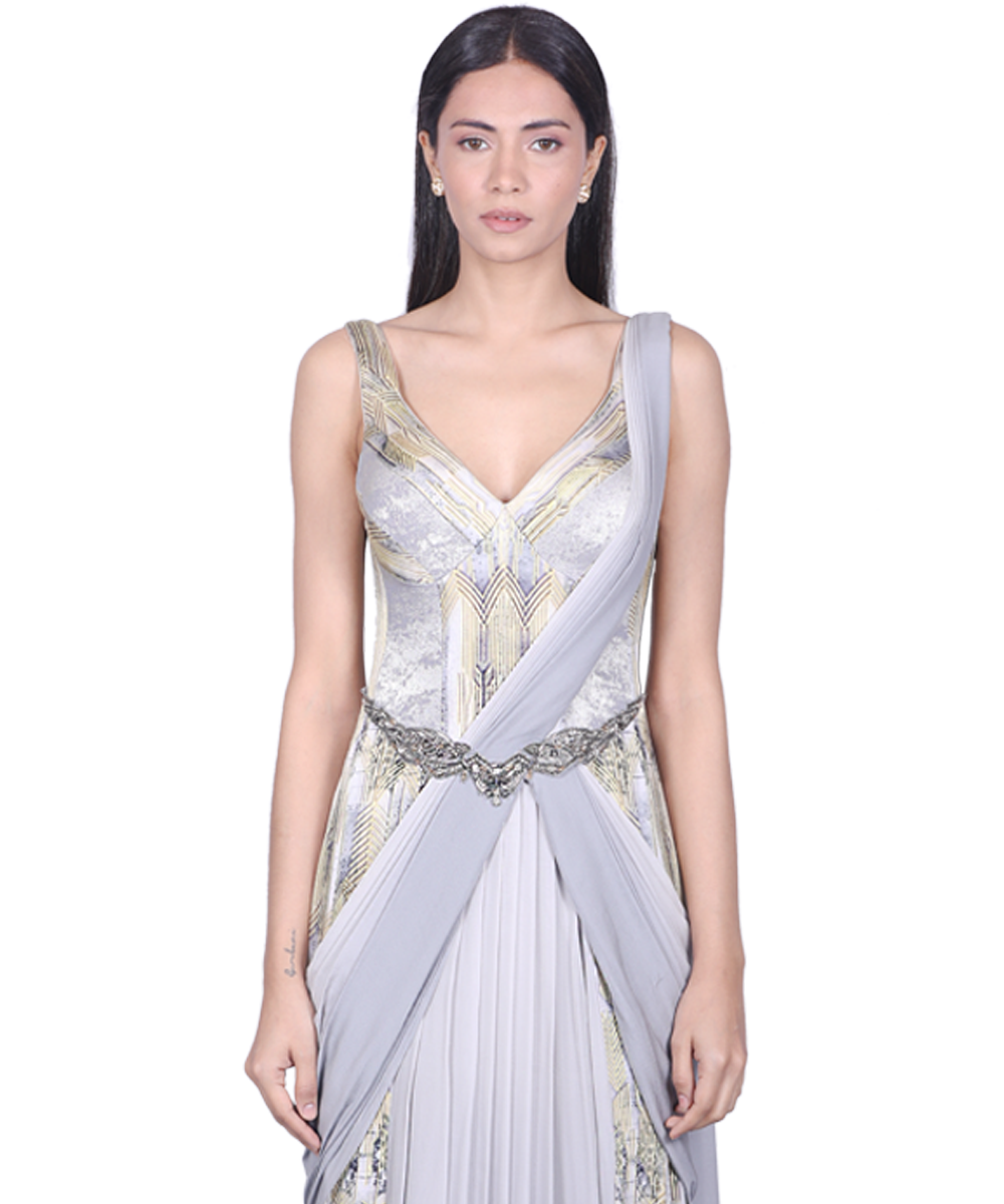 Grey-gold printed Saree Gown With Embellished tulle Cape
