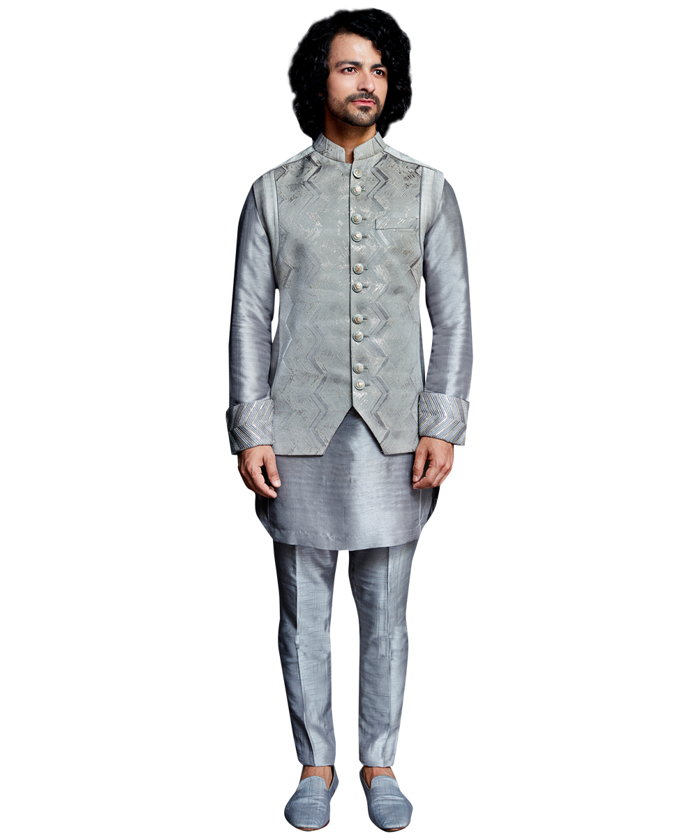 Grey chevron jacquard weave bandi with grey silk kurta and slim grey pants