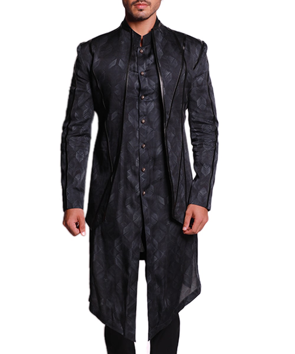 Printed charcoal Indo-Western With leather detailed open jacket