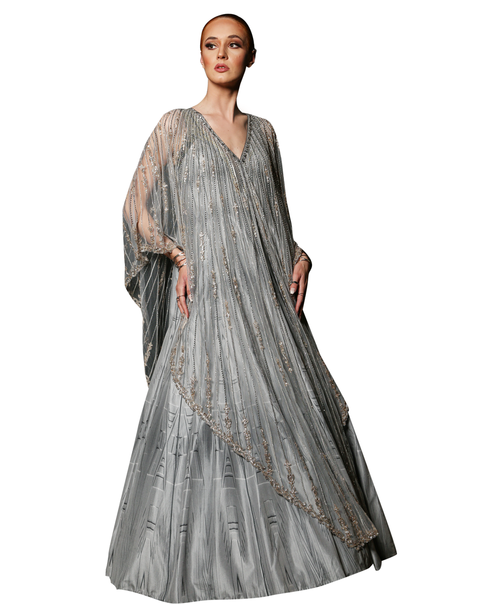 Printed Grey Gown With a embellished Tulle Kaftan