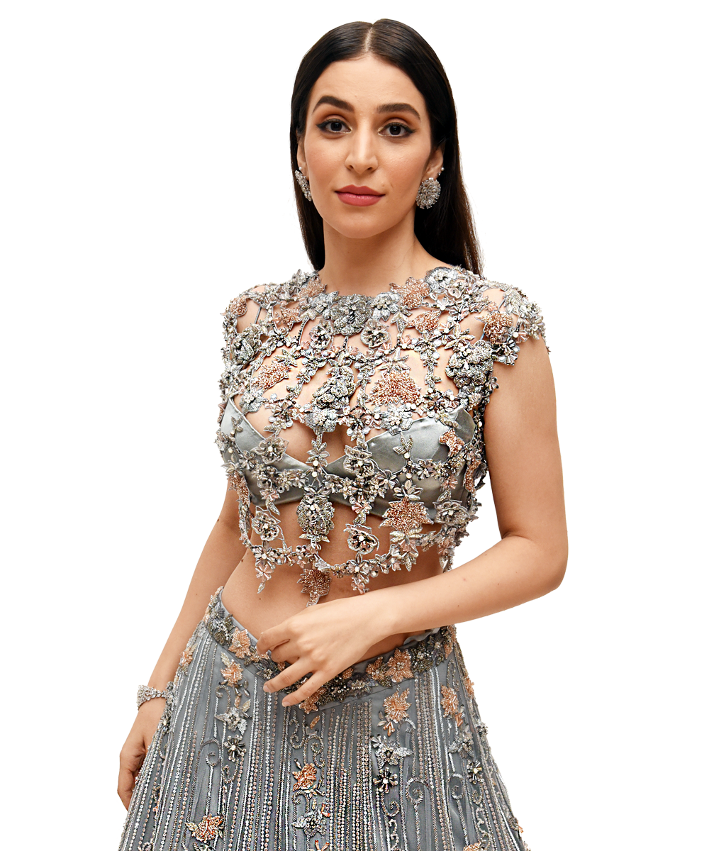 Silver and peach embellished Lehenga With cutwork bustier