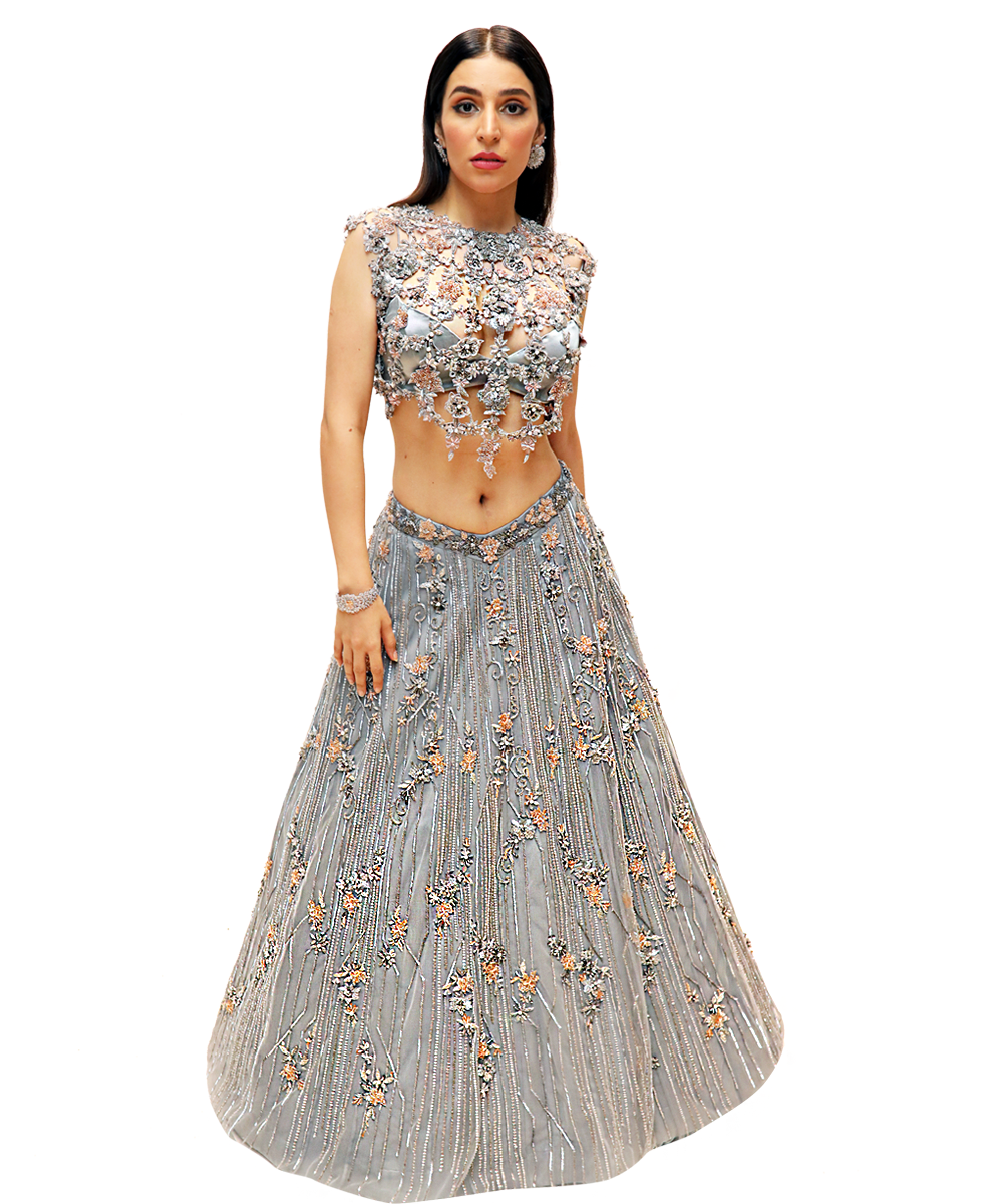 Silver and peach embellished Lehenga With cutwork bustier