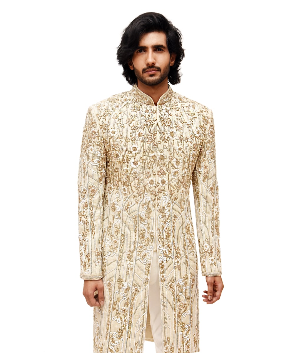 Gold 3D Embroidered floral arches Sherwani set