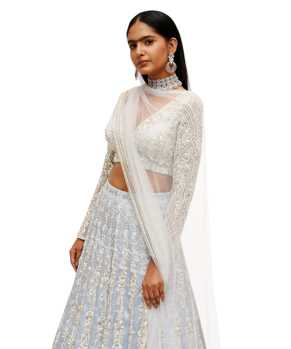 Ice Blue Lehenga With Pearl And Silver Kalli Work
