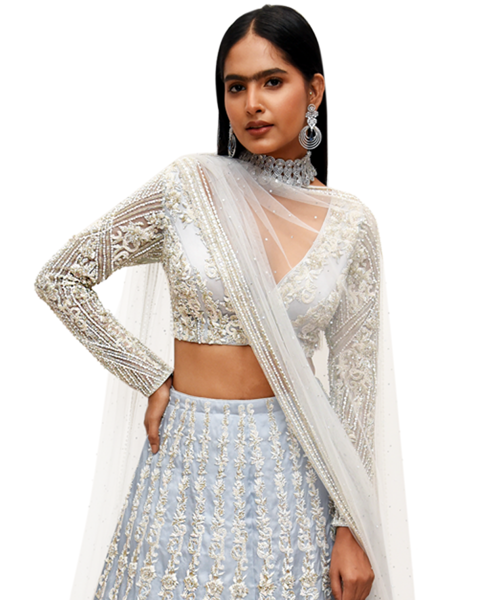 Ice Blue Lehenga With Pearl And Silver Kalli Work