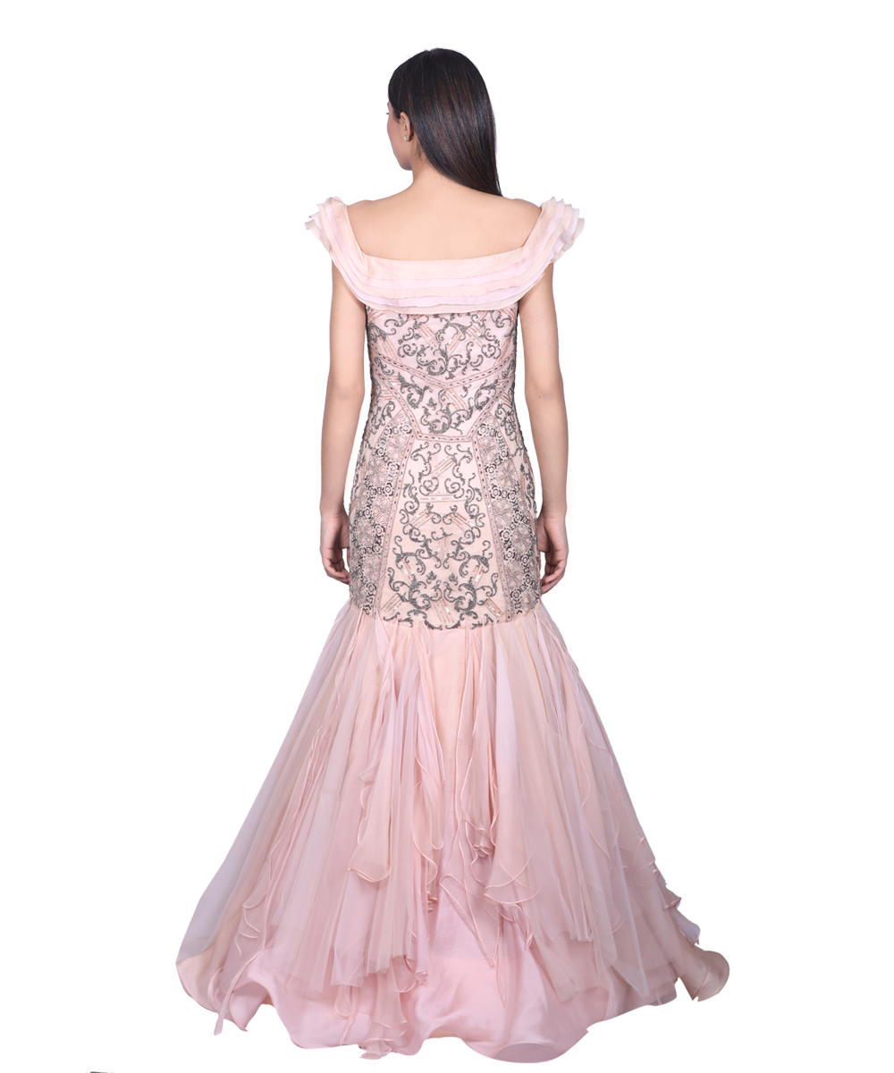 Peach Silk Organza Gown With Hand-Embroidery