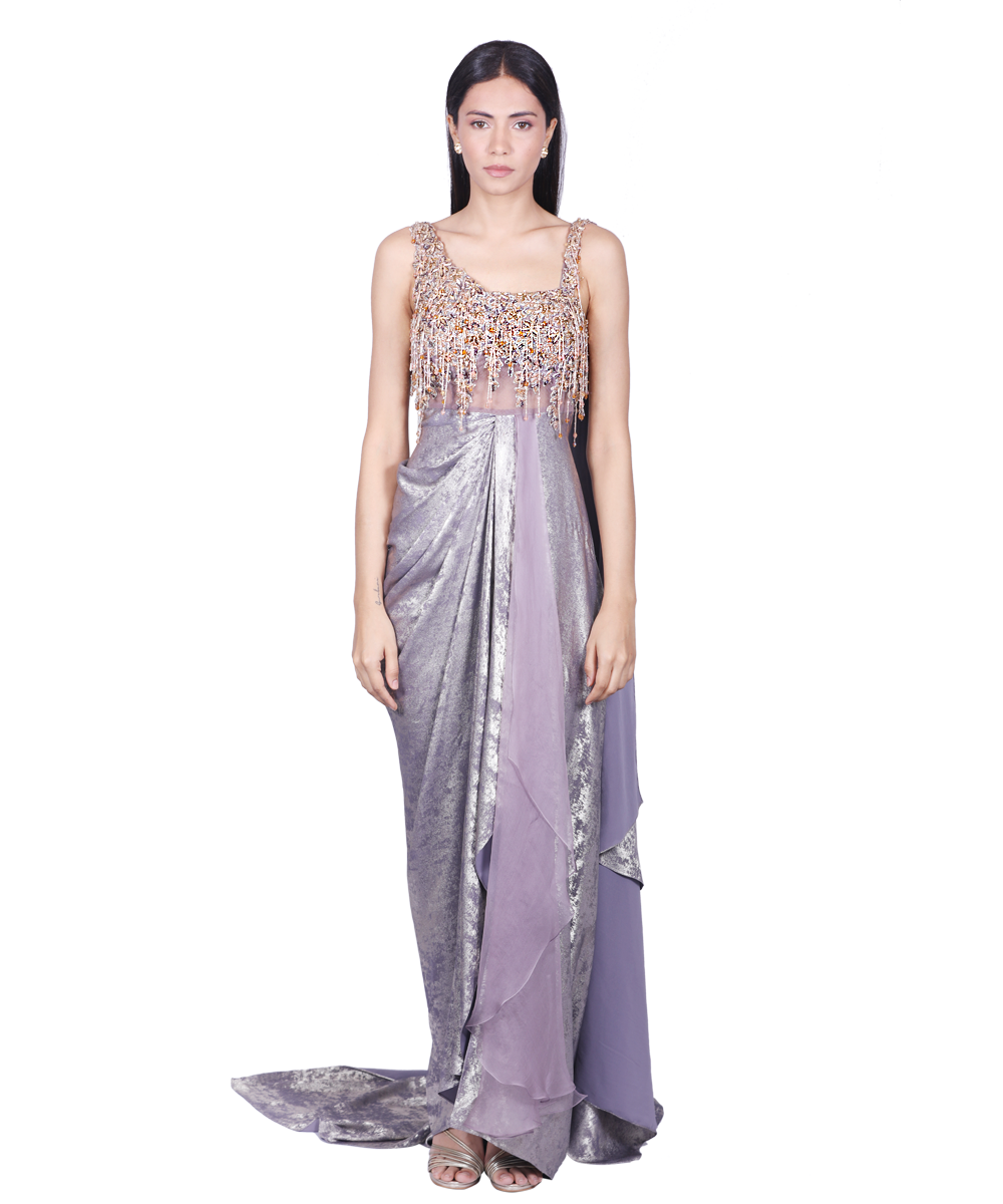 Lavender Foil Saree Gown With 3D taselle details