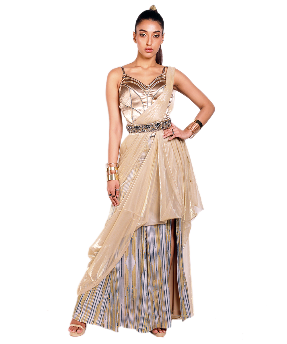 printed Saree Gown with gold corset and sheer gold drape