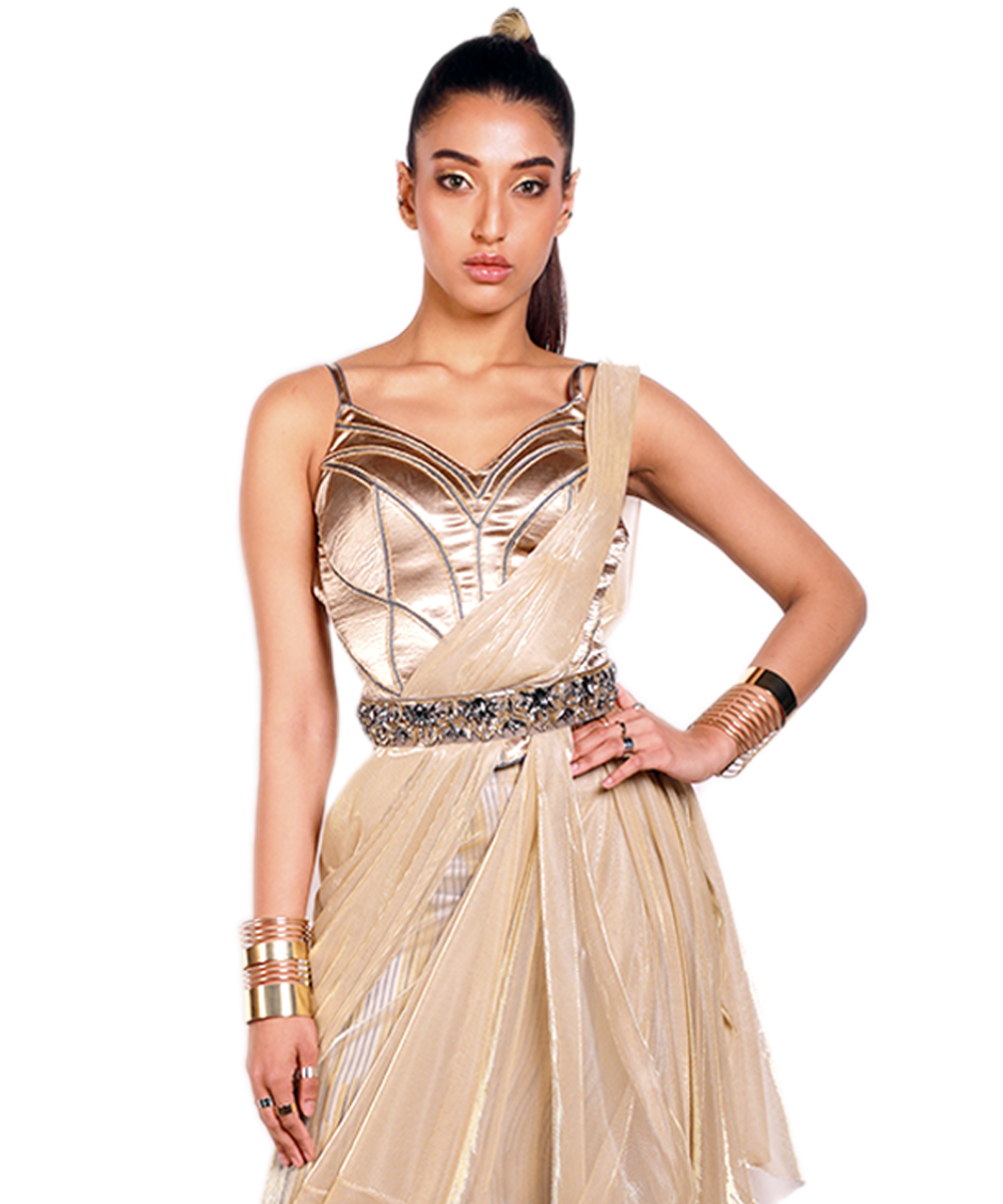 printed Saree Gown with gold corset and sheer gold drape
