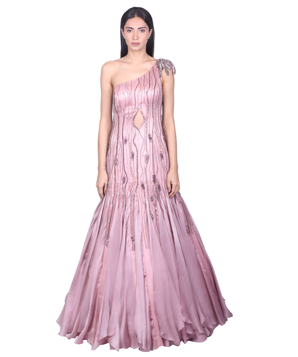 Blush Pink One-Shoulder Gown With 3D Work
