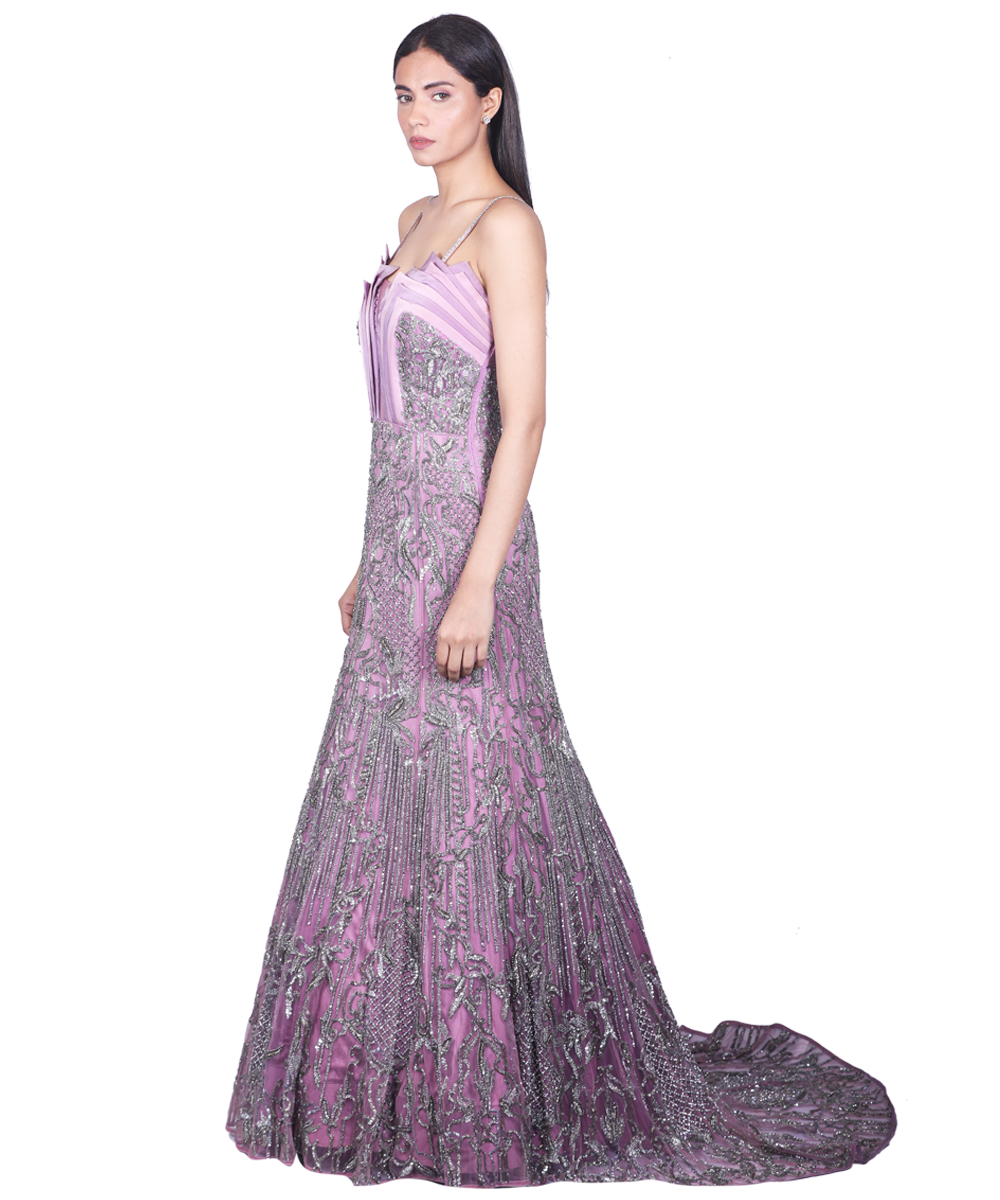 Frosted Lilac Gown With Hand-Embroidery