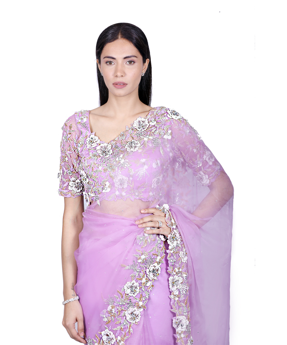 Lavender organza saree with 3d floral hand embroidery