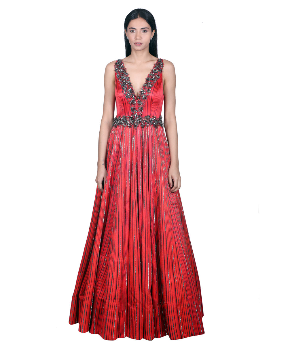red digital Printed hand embroidered Gown