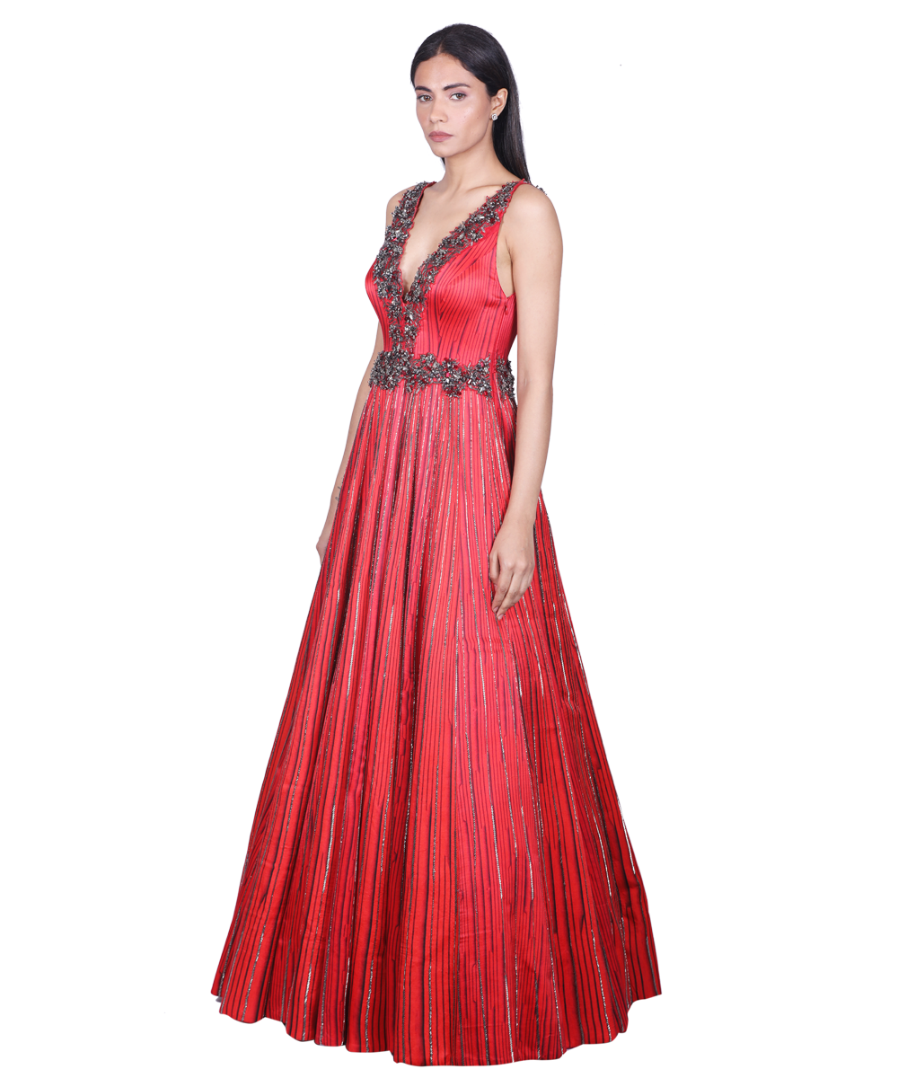 red digital Printed hand embroidered Gown