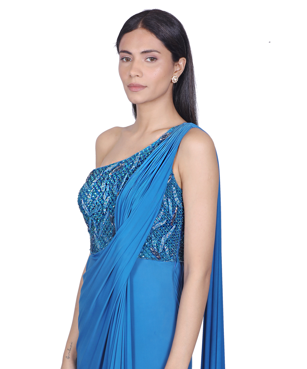 Cerulean One-shoulder Saree Gown with embellished bodice