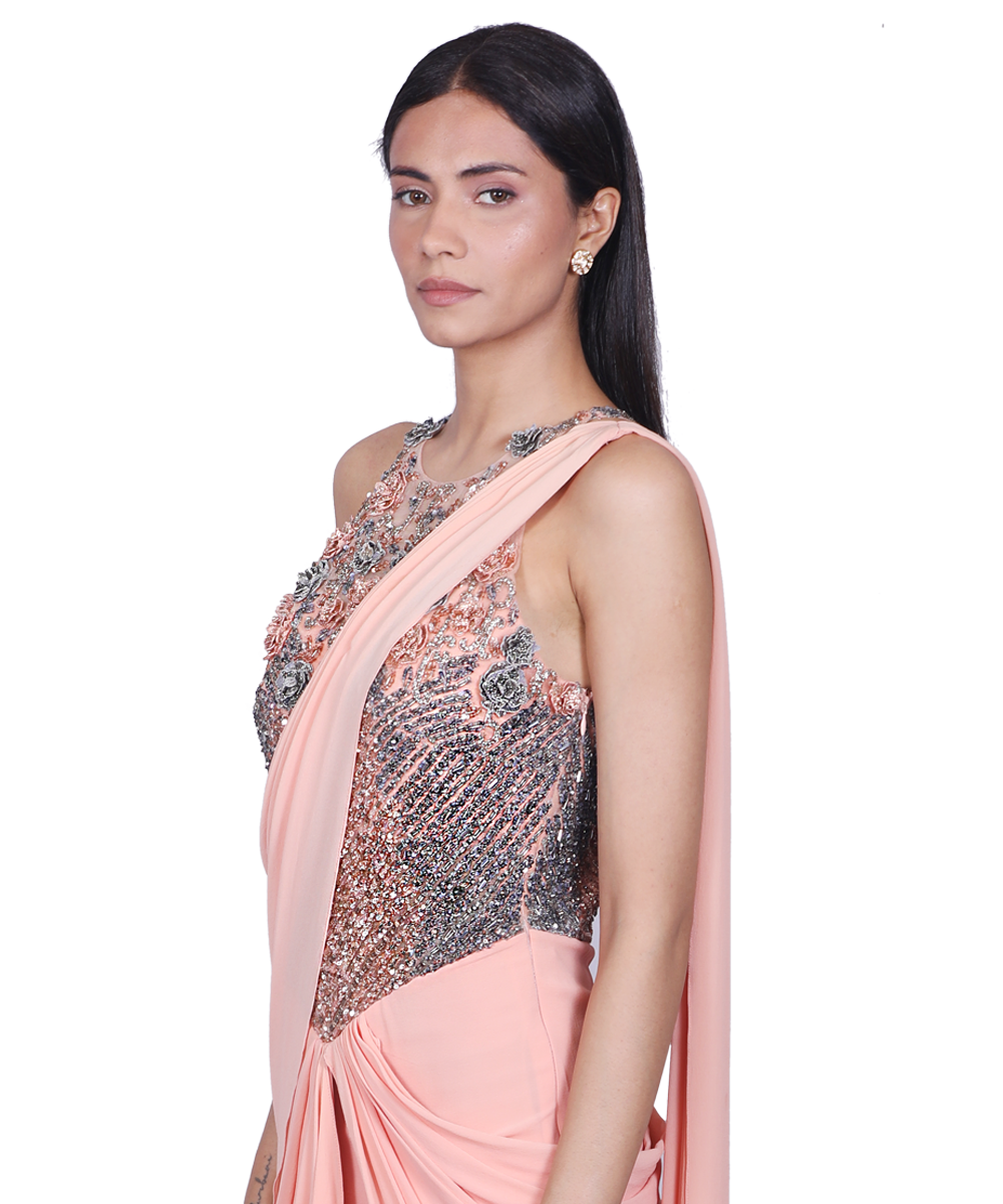 Peach georgette Saree Gown With Embellished Bodice