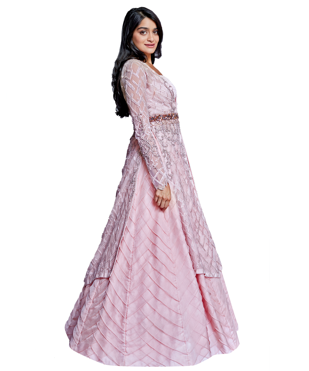 Pink embroidered jacket and Swarovski bustier with organza lehenga