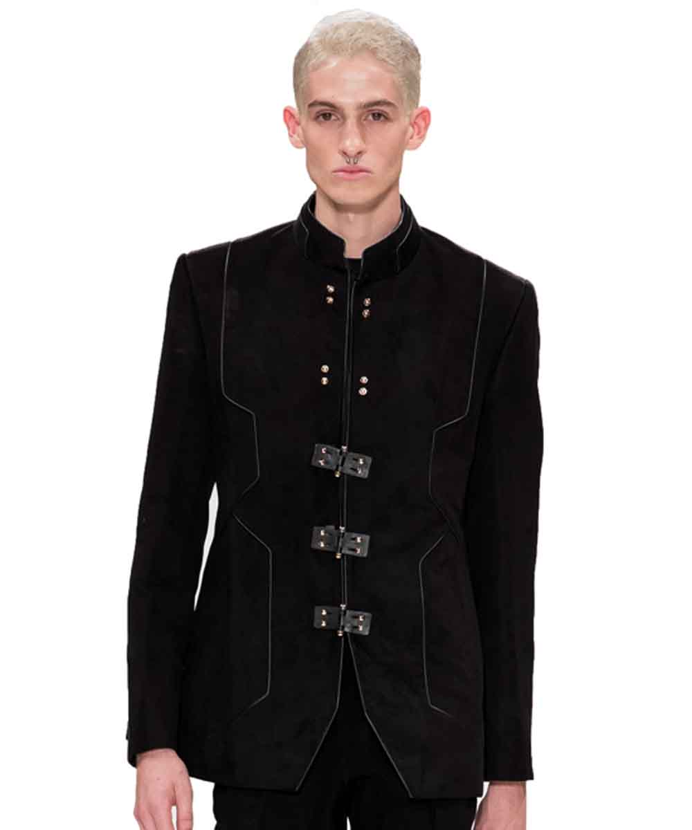 Signature black suede bandhgala Jacket with leather detail