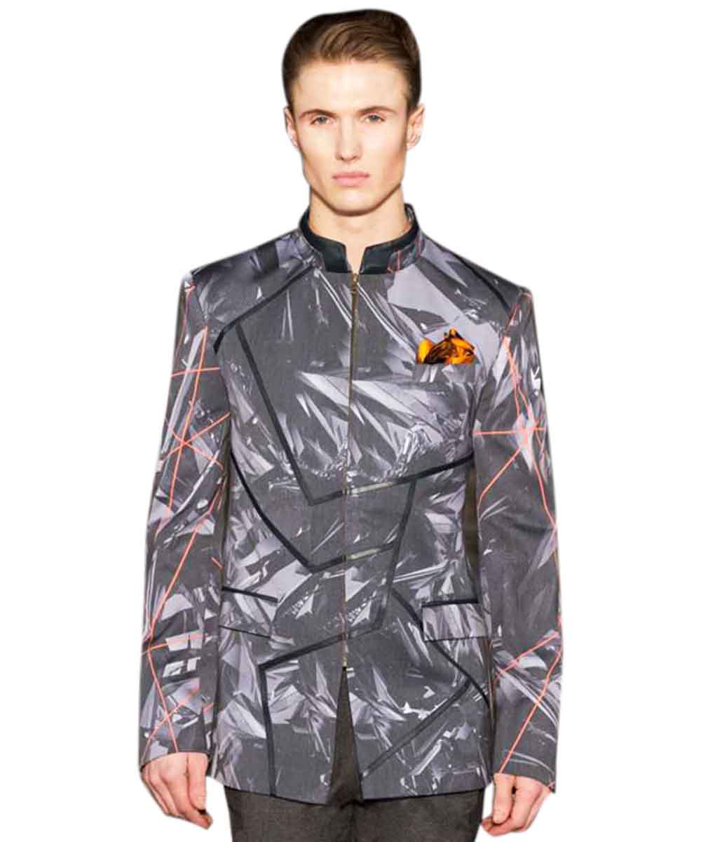 Digital printed epiphany cut and sew jacket with leather detail
