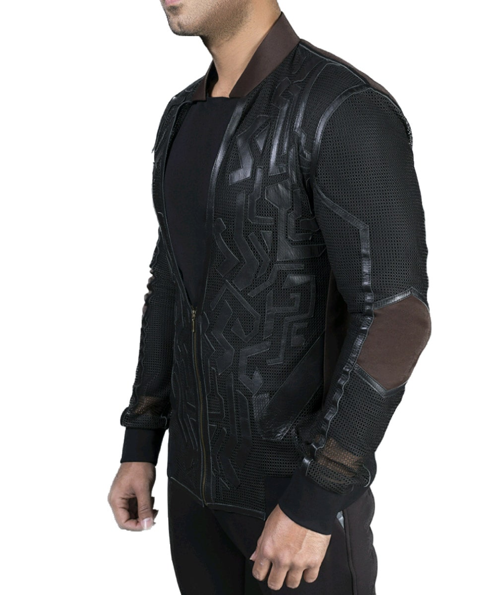 Black Bomber Jacket With Leather Appliqué