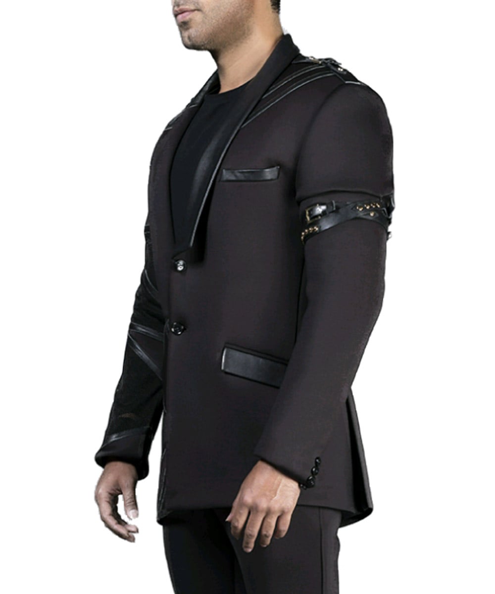 Black Cut & Sew Blazer Jacket With Leather Appliqué