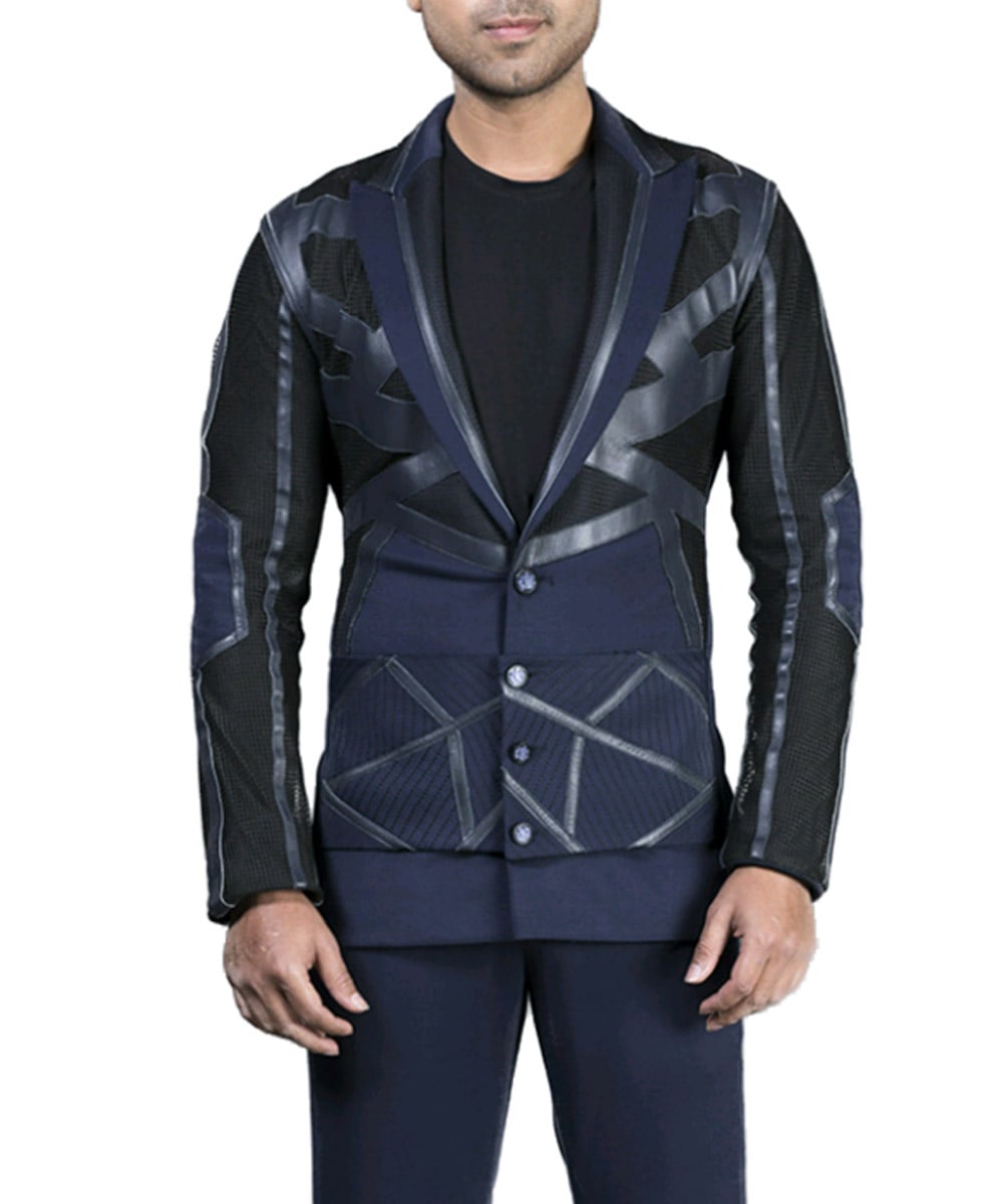 Blue And Black Cut & Sew Jacket Set